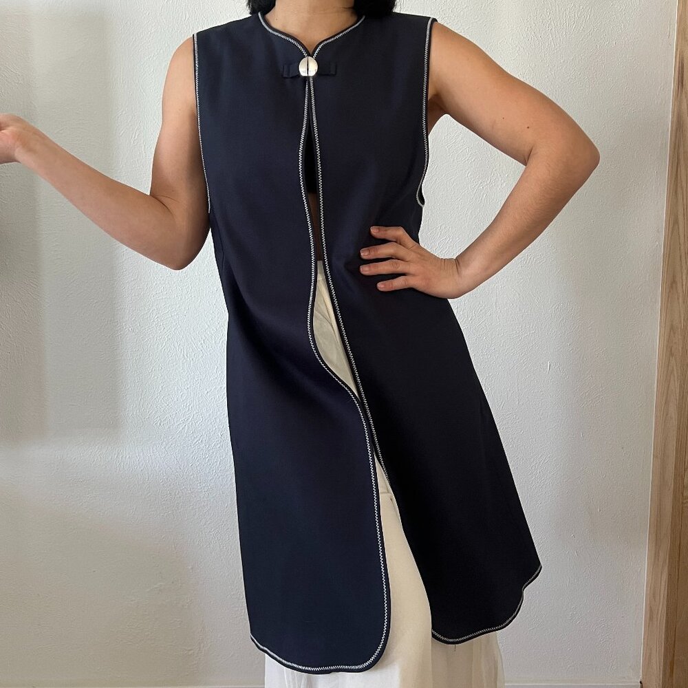 Zara Navy blue long Vest silver Clasp Open Front white Stitching Midi Large
